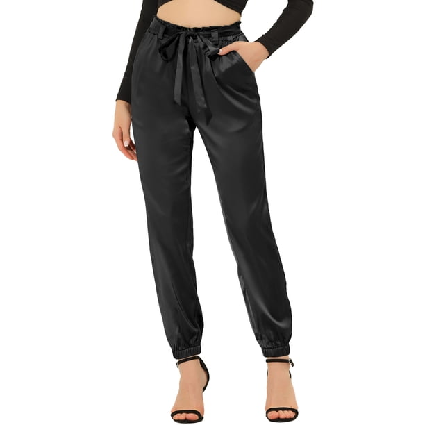 Pantalones casuales hasta El tobillo Allegra K de satén con cintura de bolsa de papel y bolsillo Negro S