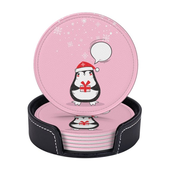 LNWH Coasters, Cartoon New Year Bird Pink Penguin Leather Round Coasters Set of 6 for Kitchen Dining Room Living Room Bar - Tabletop Waterproof and Anti-scald