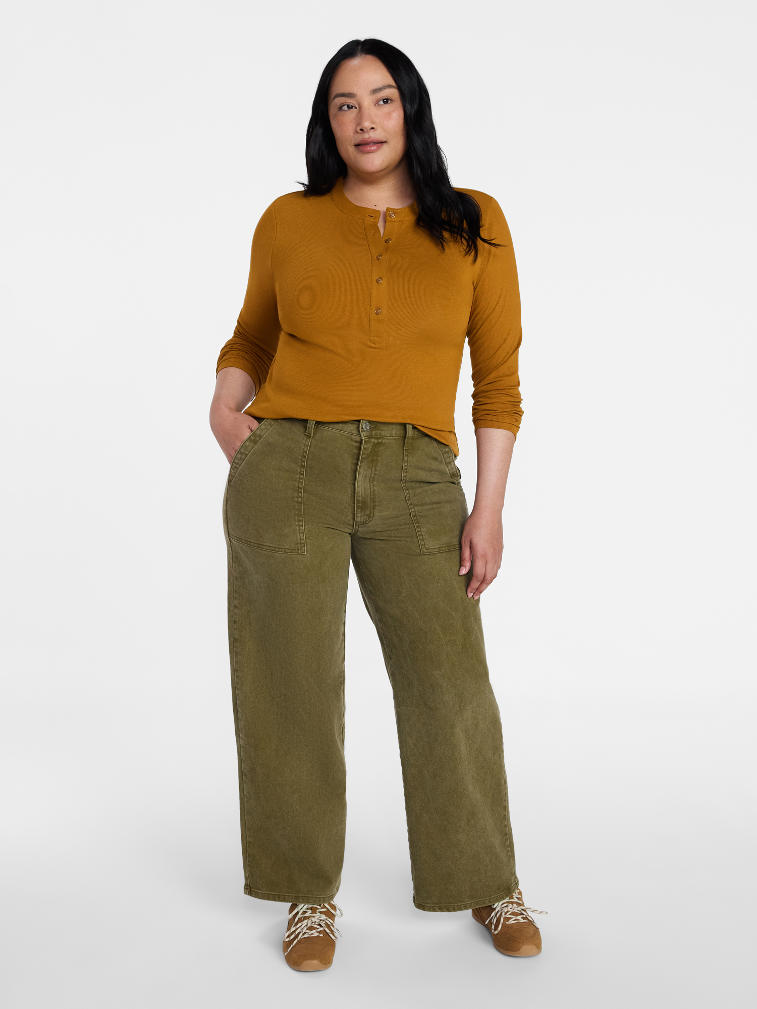 Time and Tru Women's Ribbed Henley with Long Sleeves, Sizes XS-XXXL