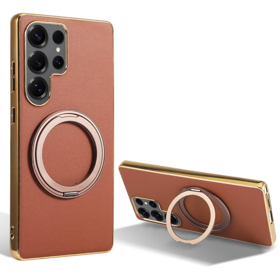 Ring Stand for Samsung Galaxy S25 Ultra Case, [Magnetic Compatible with Mag-Safe & Support Car Mount] Shockproof Plating Frame PU Leather Phone Case, Rotatable Stand Cover for Galaxy S25 Ultra, Brown