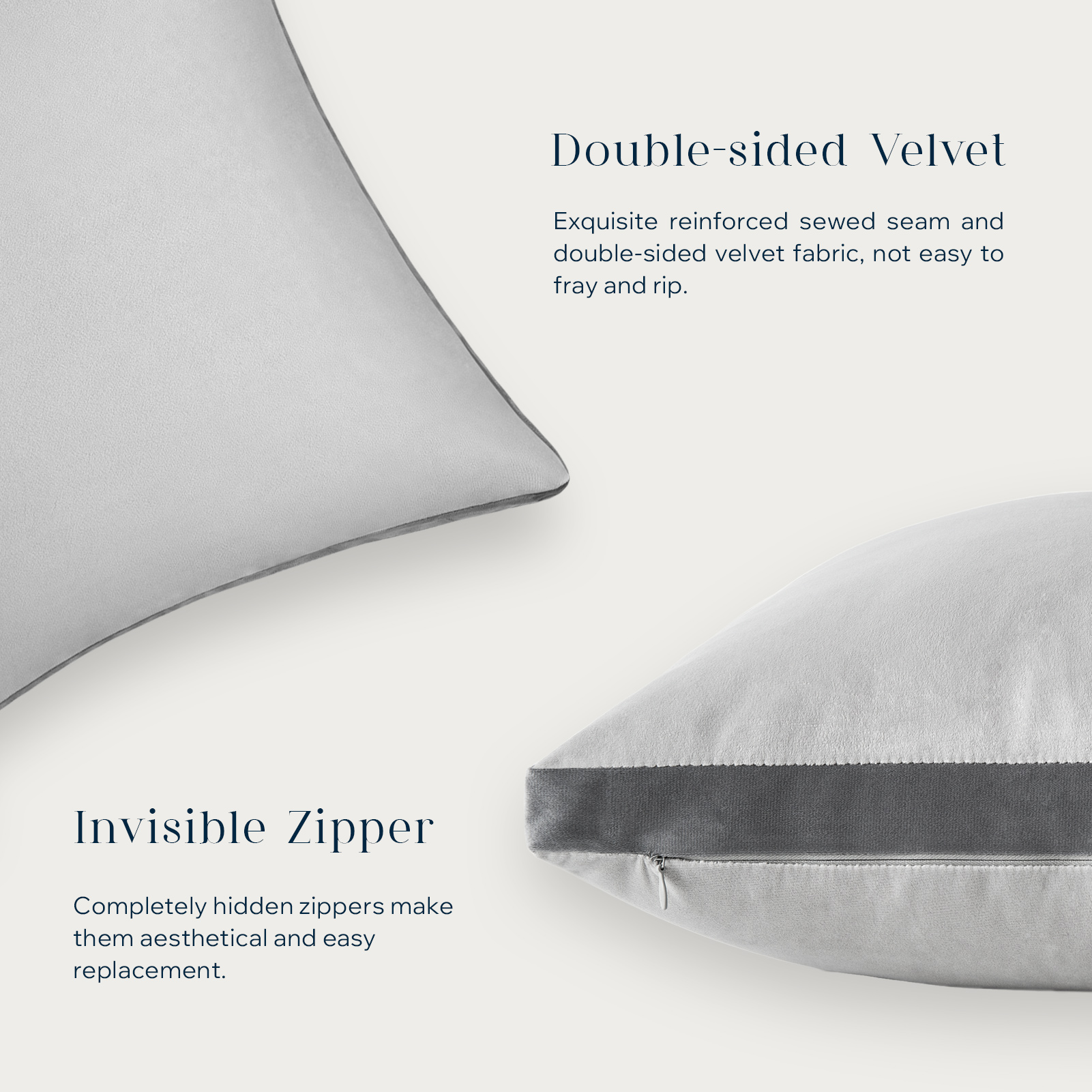 Phantoscope Velvet Decorative Throw Pillows with Inserts, 3D Patchwork Design, 18 x 18 in, Light Gray, 2 Pack