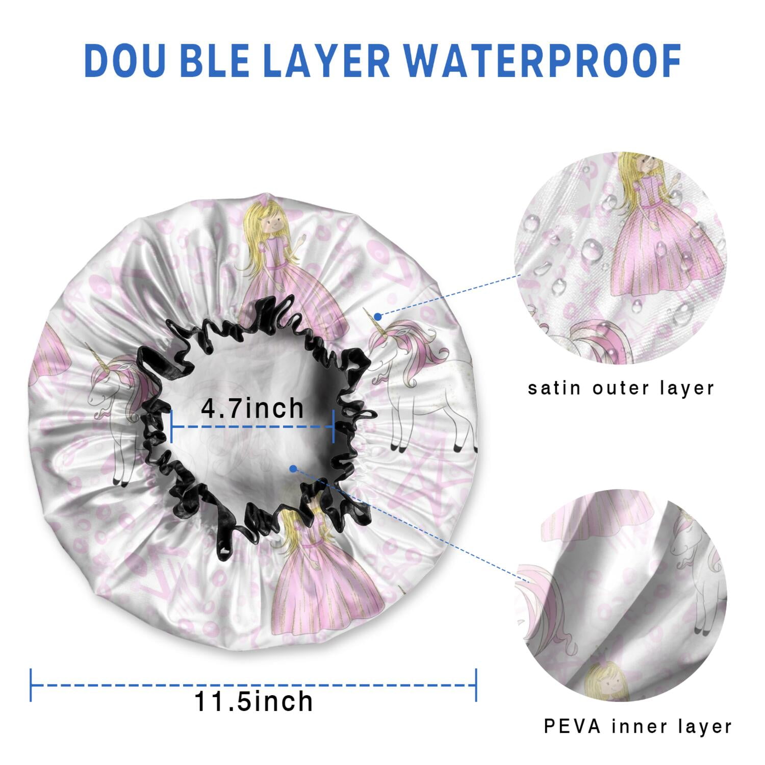 Shower Caps,Princess Unicorn Pattern Waterproof Shower Cap for Women 4 Pieces,Double Reusable Hair Cover for Shower PEVA Elastic Stretch Hem