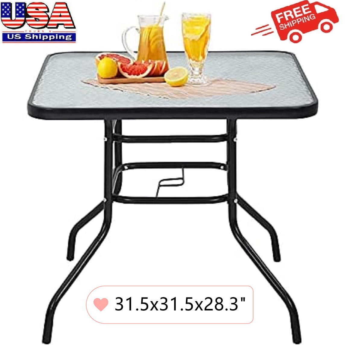 Patio Bistro Tempered Glass Table Top with Umbrella Hole Outdoor Dining Table Square Outside Banquet Furniture for Garden Pool Side Deck Lawn 