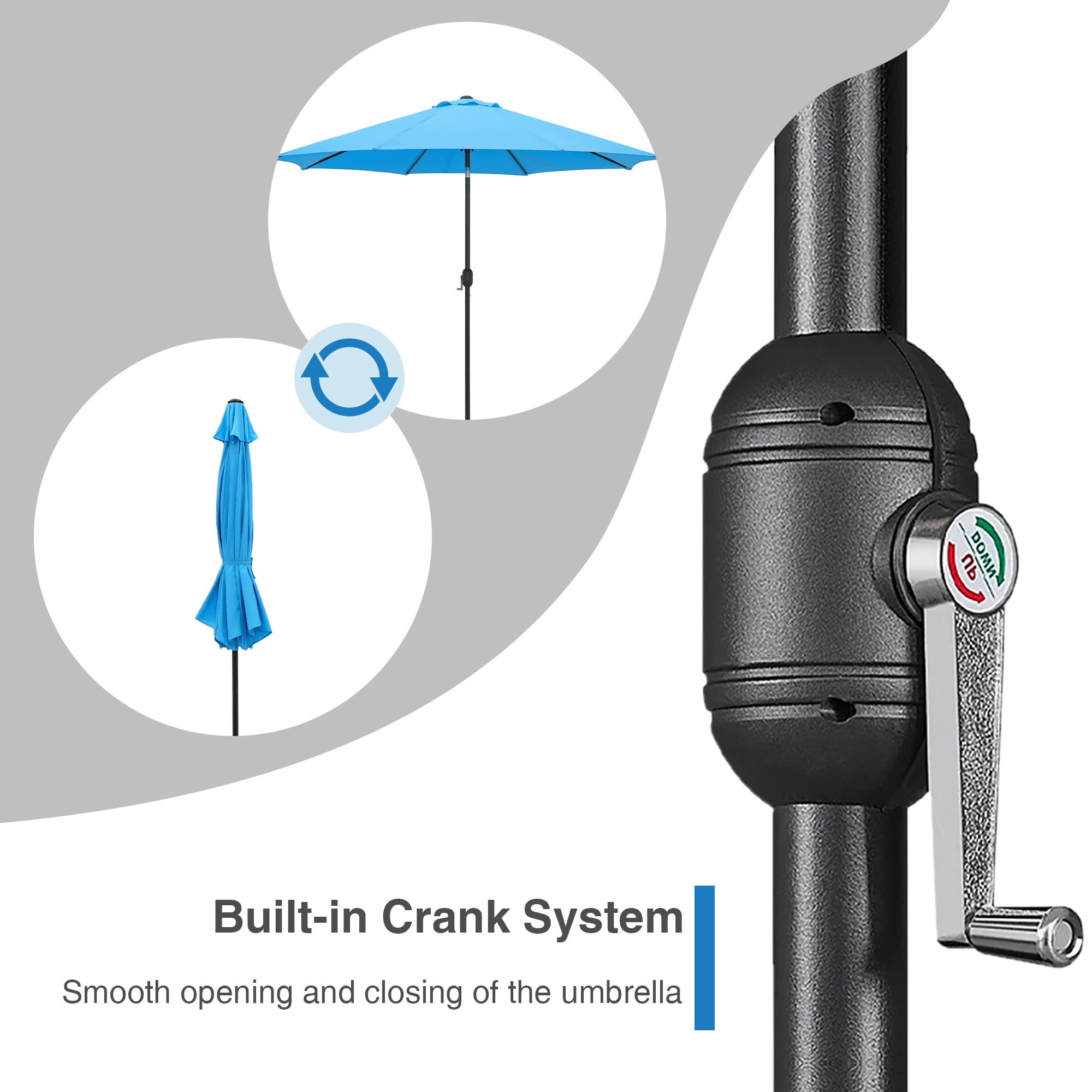 Kool 10FT Outdoor Patio Umbrella with Push Button Tilt and Crank Handle, Market Umbrella with 8 Sturdy Umbrella Ribs, Aqua