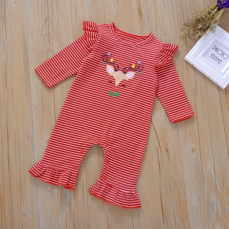 

CHGBMOK Christmas Deals Newborn Infant Baby Xmas Christmas Deer Cartoon Romper Striped Ruffle Jumpsuit Clearance