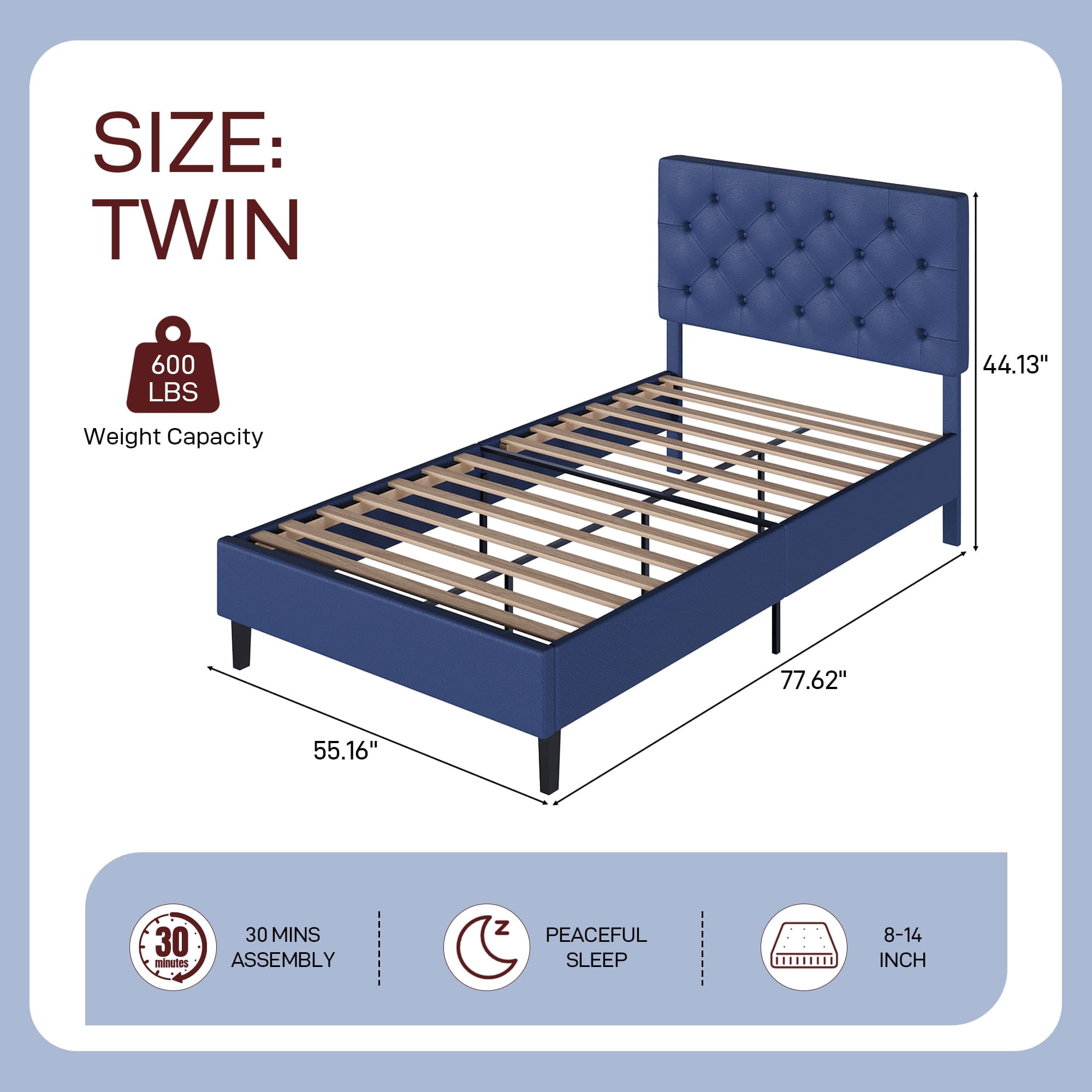4 Ever Winner 44.13 in Upholstered and Adjustable Height Platform Bed, Twin