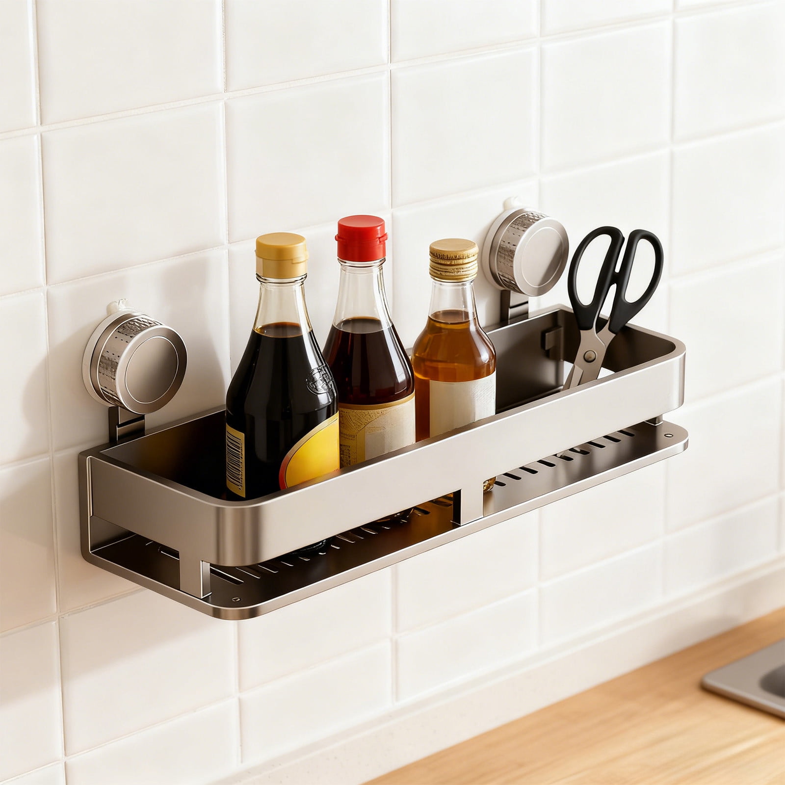 Wall Mounted Suction Cup Shelf – No Drill Required Storage Rack for Bathroom, Kitchen, and Bedroom – Versatile, Space-Saving Organizer with Rounded Corners for Safety – Easy One-Second Installation