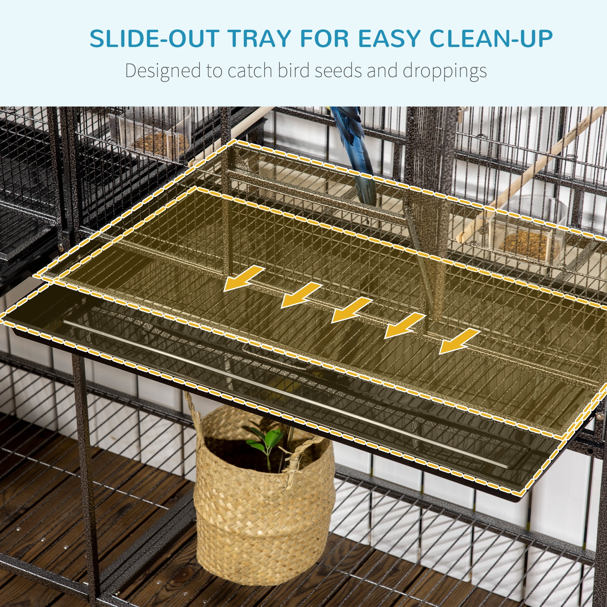 65" Double Rolling Metal Bird Cage Feeder with Detachable Rolling Stand, Storage Shelf, Wood Perch & Food Container