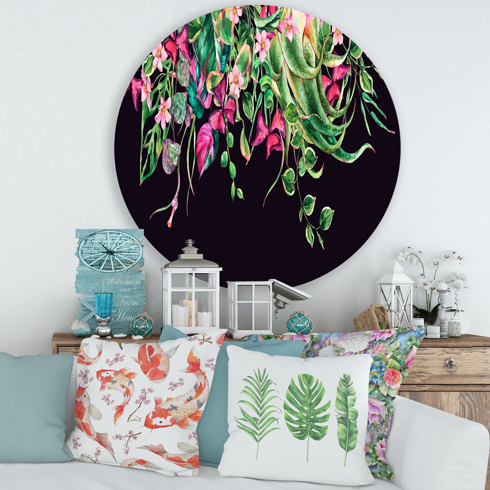 Designart 'Floral Tropical Leaves On Black Background' Farmhouse Circle Metal Wall Art 29x29 - Disc of 29