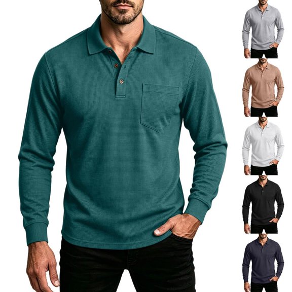 Bxsruta Mens Long Sleeve Shirt Button Placket Chest Pocket Ribbed Cuffs Casual Work Golf Tops