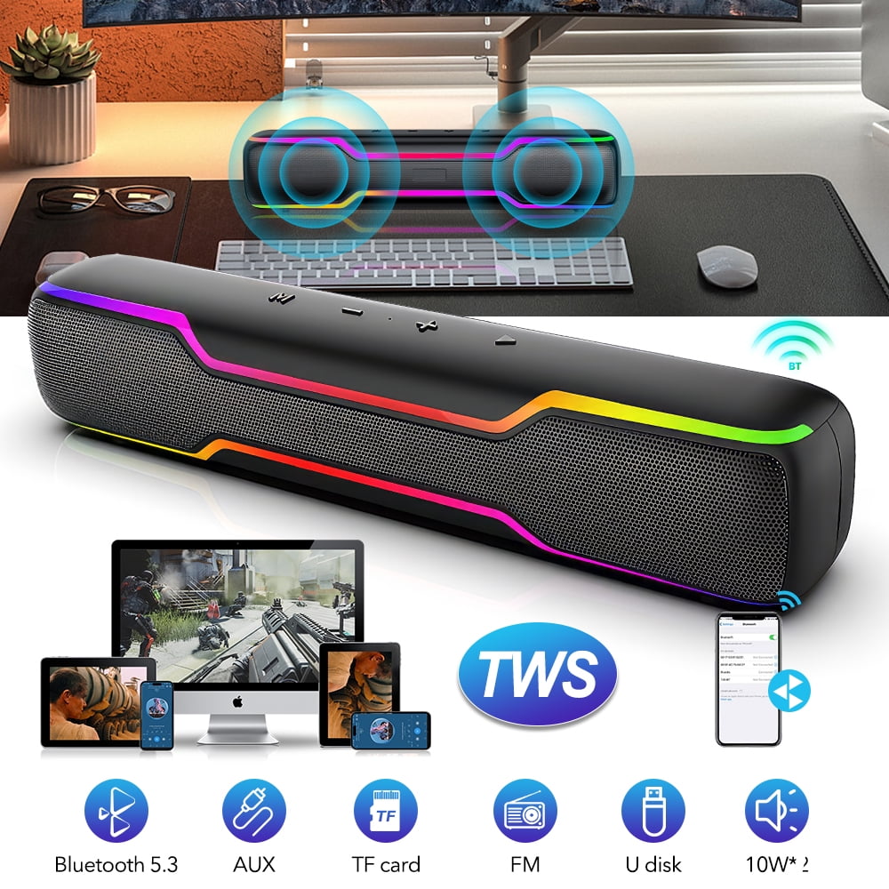 Bluetooth Speaker Soundbar, 20W PC RGB Gaming Soundbar with 3.5mm Jack Aux-in Computer Speakers, TWS Sound Bar for Desktop Laptop