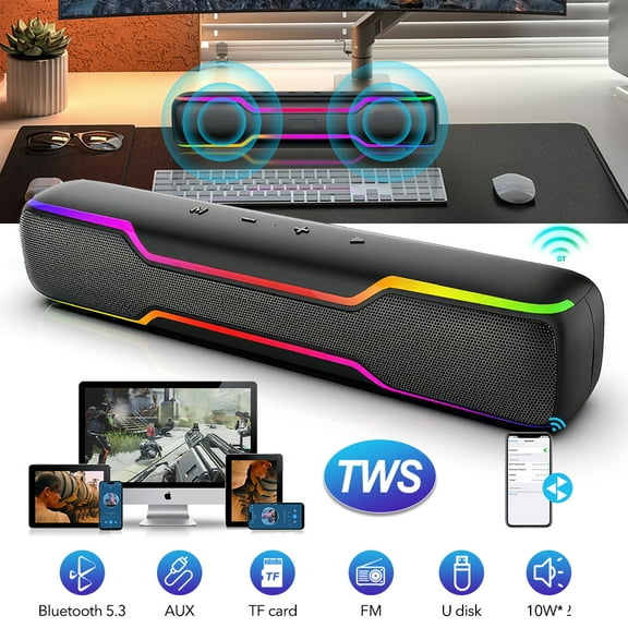 Bluetooth Speaker Soundbar, 20W PC RGB Gaming Soundbar with 3.5mm Jack Aux-in Computer Speakers, TWS Sound Bar for Desktop Laptop