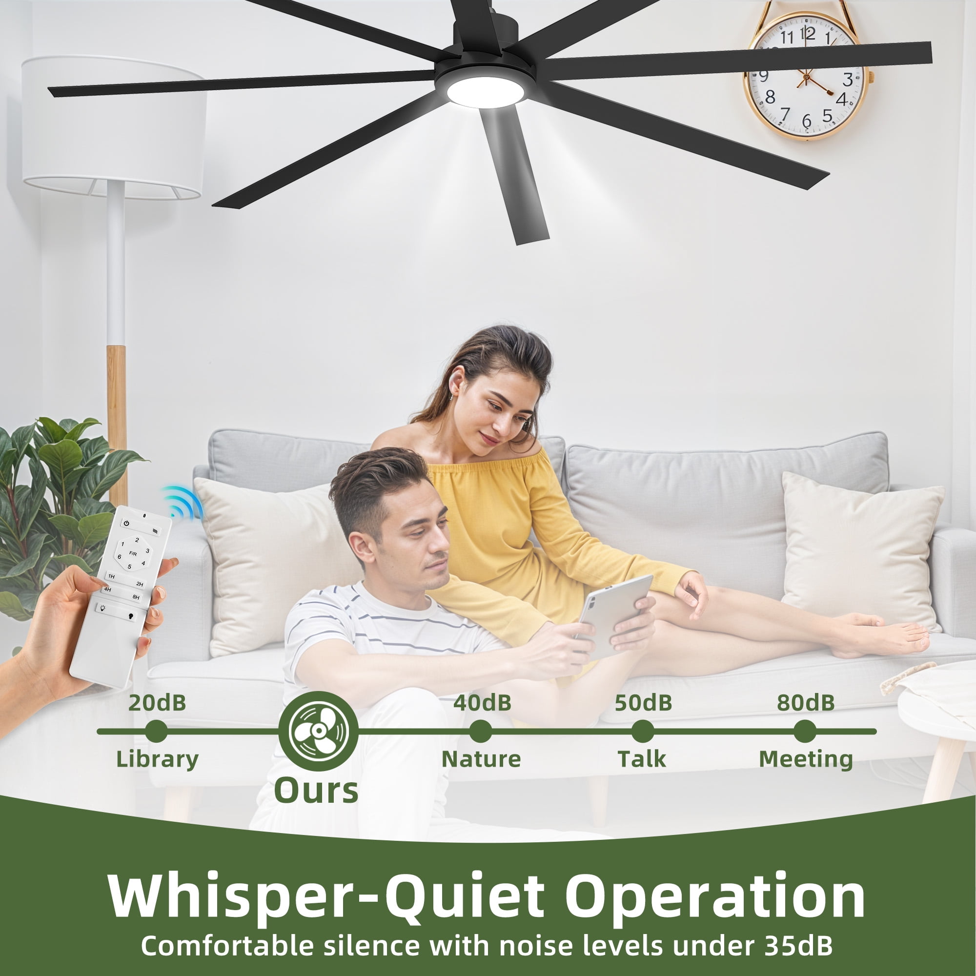 Uforic 84 Inch Modern Black Ceiling Fan with Light & Remote, 8 Blades, Quiet DC Motor, Adjustable for Large Rooms