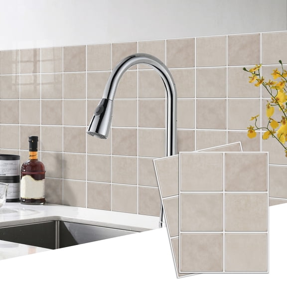 6Sheets Self Adhesive Tiles Wall Stickers Decals DIY Decor 6.7" x 9" Beige Mosaic Pattern Sticker Peel and Stick Kitchen Backsplash