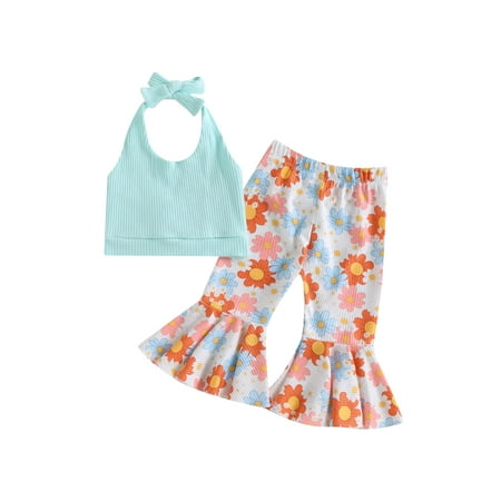 

Meihuid Baby Kid Girls Pants Set Halterneck Vest with Flower Print Flare Pants