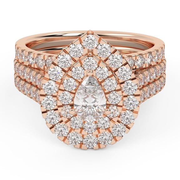 AFFY Double Halo Bridal Ring Set for Women Center 6X4MM Pear and Round Lab Created Moissanite Teardrop Wedding Rings In 10K Solid Rose Gold Size 10