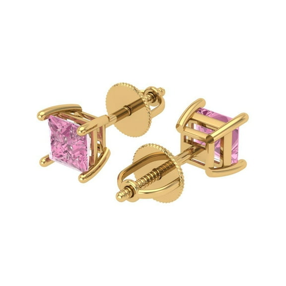 1.5 Ct Princess Cut Studs Pink Crystal 14K Yellow Solid Gold Everyday Dainty Earrings Screw Back