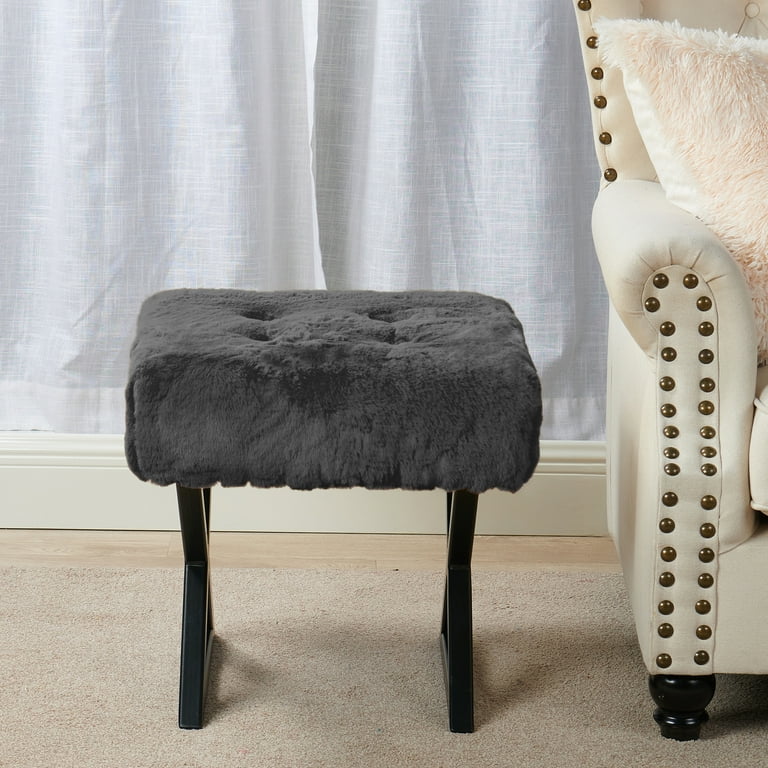 Home Soft Things Heavy Faux Fur Vanity Stool Chair Upholstered Footrest Ottoman with Black Metal Legs and Padded Seat Charcoal 19 x19 x19