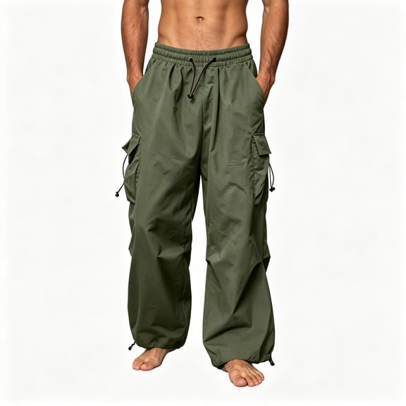 BONIXOOM Mens Casual Pants , Elastic Drawstring Wide Leg Cargo Pants Multi Pockets Loose Trousers Army Green XS-4XL