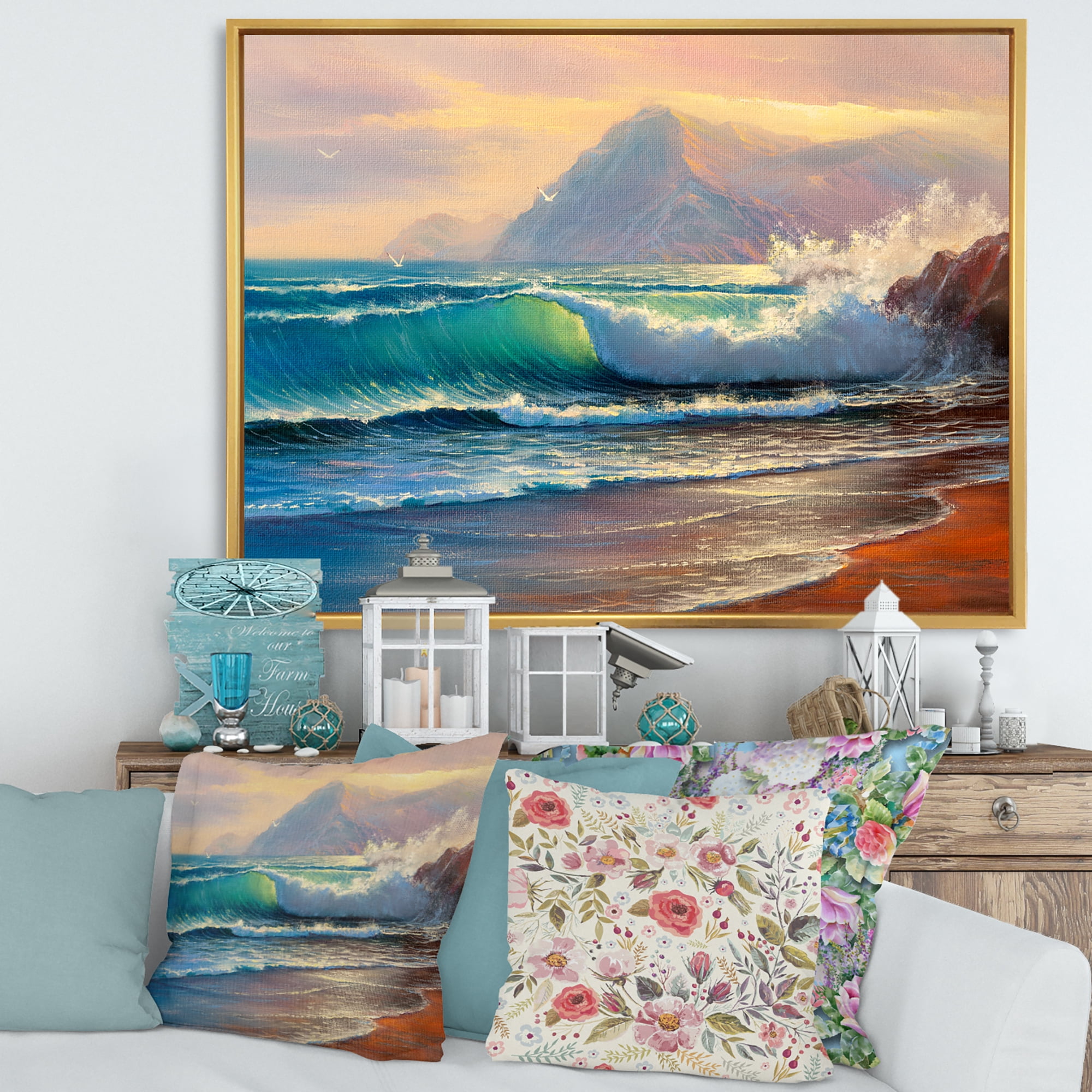 Designart 'Sunrise Glow On The Sea Waves III' Nautical & Coastal Framed Canvas Wall Art Print