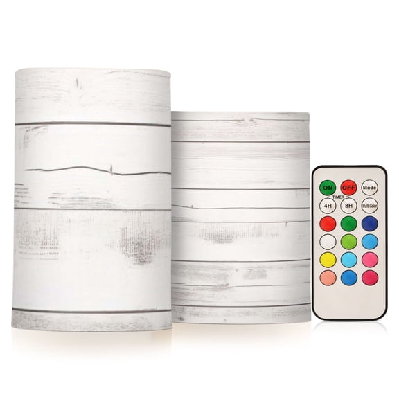White Wood Flickering Flameless Candles Battery Operated with Remote Timer LED Pillar Candles Set of 2