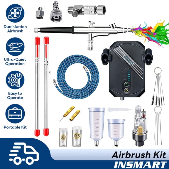 INSMART Airbrush Kit with Air Compressor, 35PSI Dual-Action Air Brush with 0.3/0.5mm Nozzle, Airbrush Spray Gun Set for Painting, Tattoo, Nails Art, Cake Decor, Model Coloring