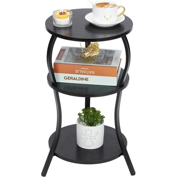 Vintage Small Round Side Table, 3-Tier Slim Waist Circular End Table with Storage Shelf, Compact Tea Sofa Side Table, Round Corner Coffee Table Nightstand for Living Room Bedroom Small Spaces,Black