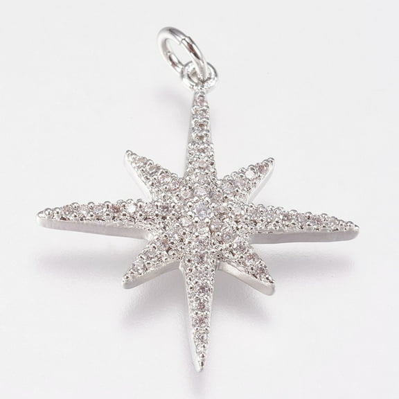 Brass Micro Pave Cubic Zirconia Pendants Star Platinum 25x23x3mm Hole: 3mm
