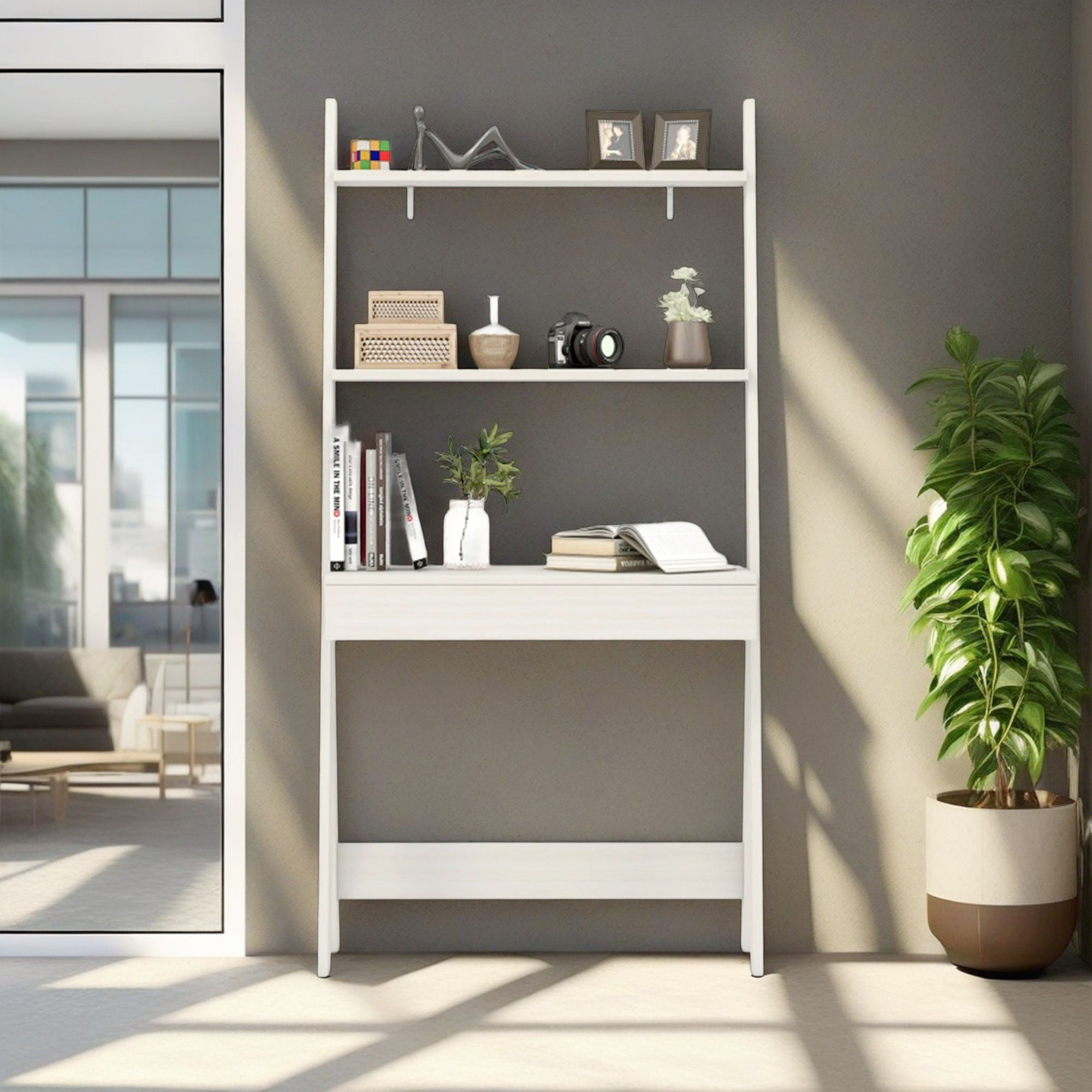 Demi Bonn 3-Tier Ladder Bookshelf, Desk Bookcase with Countertop Drawer and 2 Shelves, White