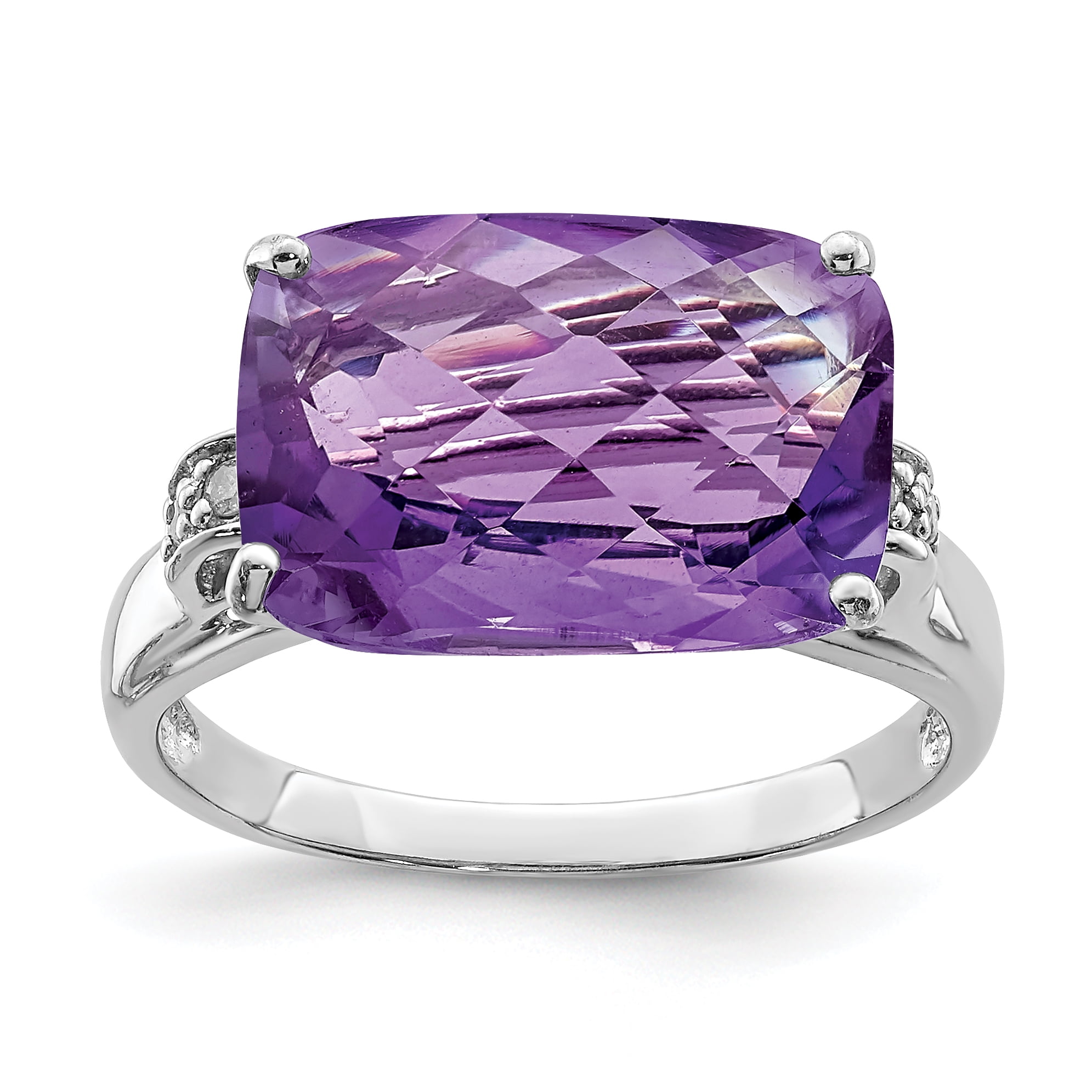 Sterling Silver Rhodium-plated Checker-Cut Amethyst & Diamond Ring Sterling Silver Rhodium-plated Checker-Cut Amethyst & Diamond Ring