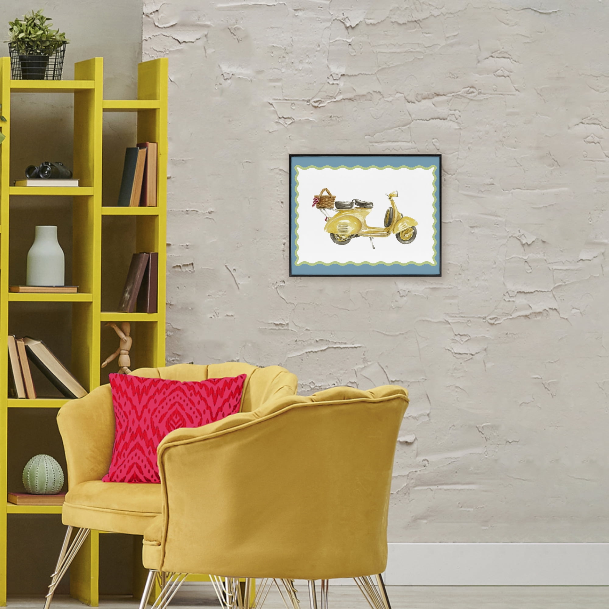 Stupell Industries Yellow Vespa with Wavy Border Black Framed Giclee Art, design by Lanie Loreth