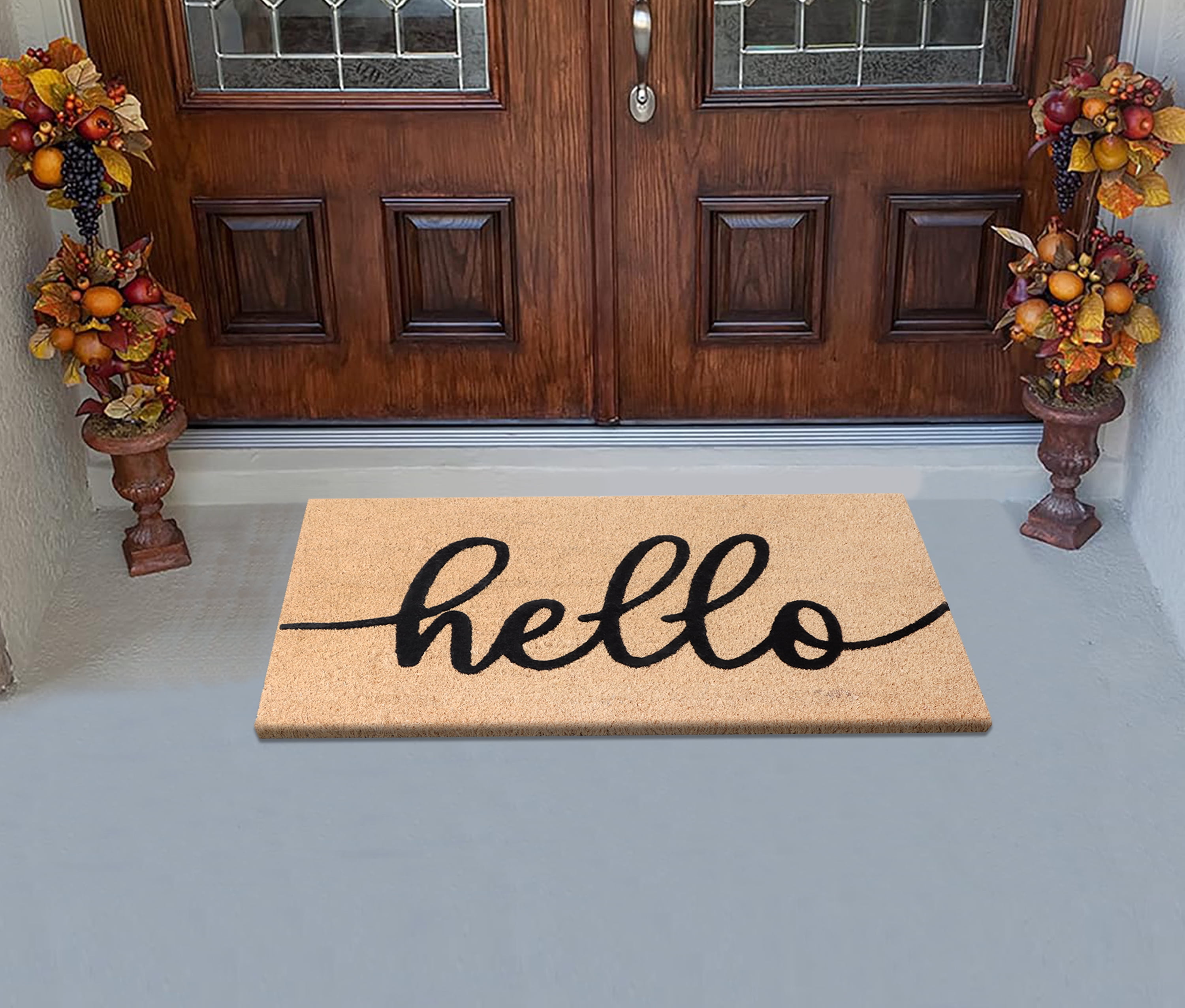 A1HC Natural Coir Flocked Doormat, Black Hello , 24"x36", Durable Outdoor Welcome Mat, Non-Slip, Pet Friendly, Fade Resistant