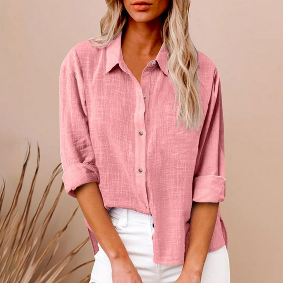 Royisotas Casual Womens Tops Plus Size Fall Long Sleeve Tunic Cotton Linen Women Button Down Shirt Solid Color Pink Collared Button up Shirts
