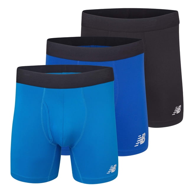 New Balance Men's 6" Boxer Brief Fly Front with Pouch, 3-Pack,Black/Laser Blue/Team Royal, Small (29"-31")