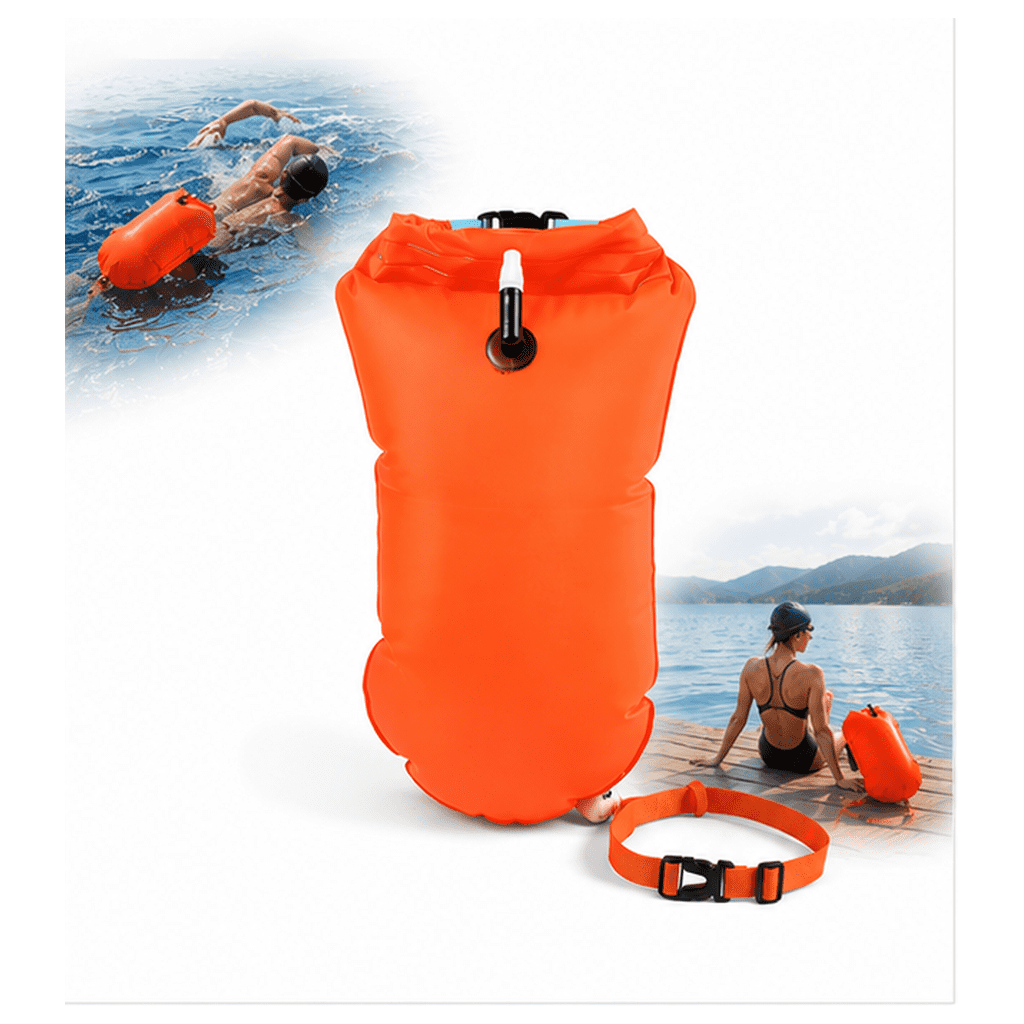 Open Water Swim Buoy Dry Bag with Adjustable Waist Belt, Inflatable PVC Tow Float with Dry Storage for Swimming, High Visibility Orange
