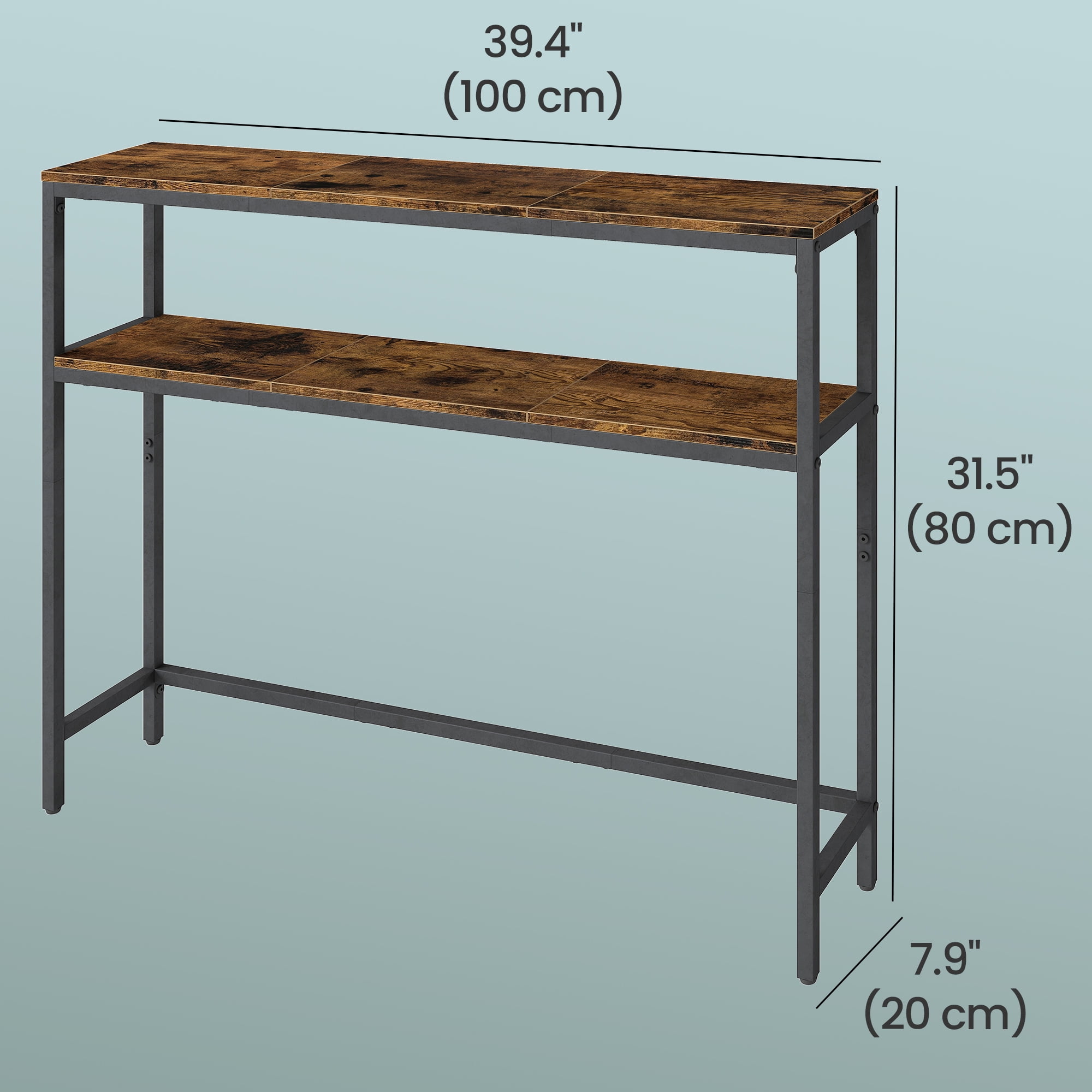 LEDREM 2-Tier Console Table with Shelves,Narrow Entryway Table,39.4-inch Modern Table,Adjustable Feet,Rustic Brown and Ink Black