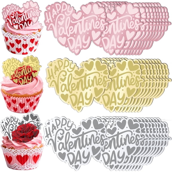 30PCS Happy Valentine’s Day Cake Toppers, Acrylic Cupcake Toppers 3 Different Pattern Heart Shape Custom Cupcake Picks for Valentine’s Party Anniversary Pastries Decorations