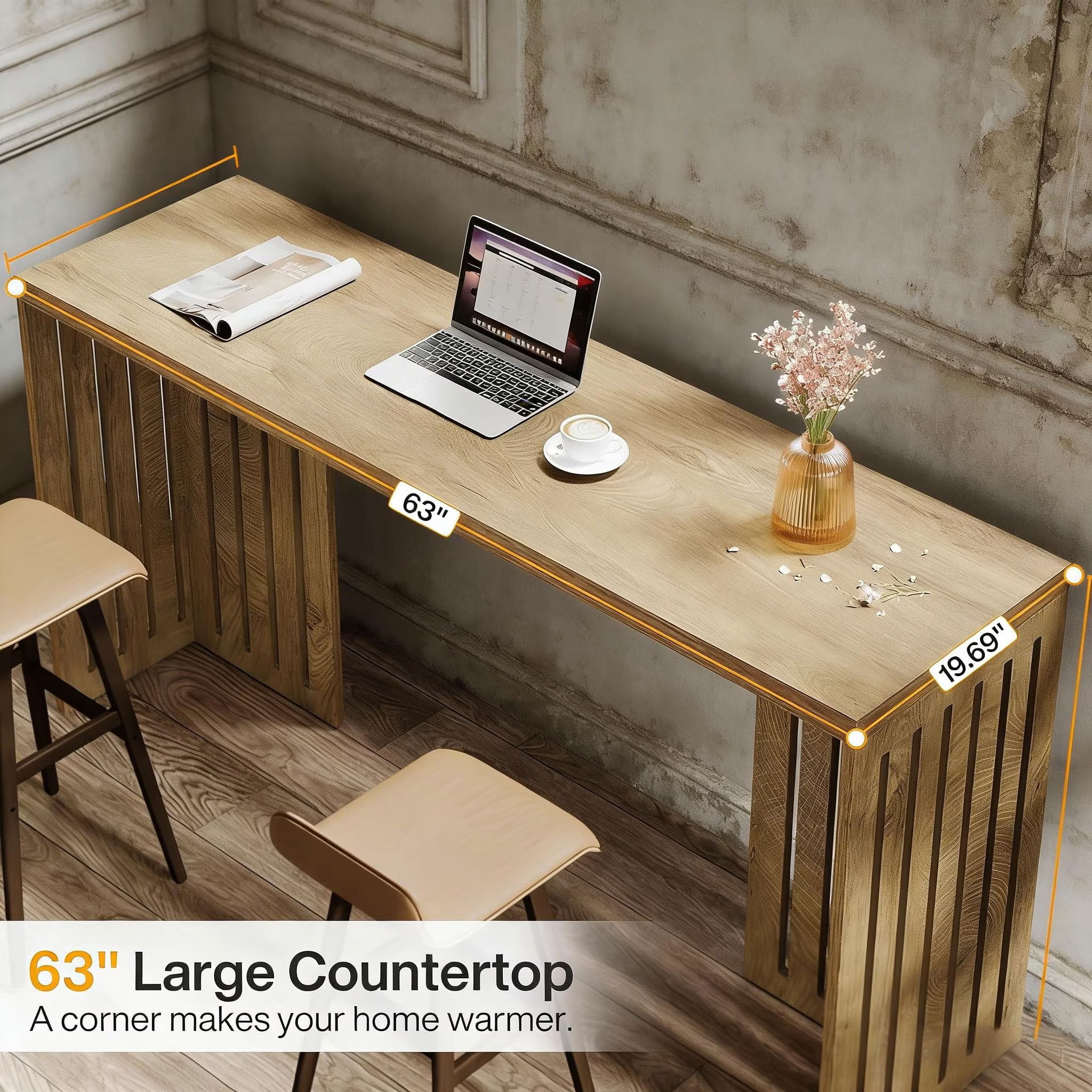 MAYEERTY Rectangular Bar Table, 63" Industrial Bistro High Top Table, Rustic Pub Table for Kitchen & Dining Room