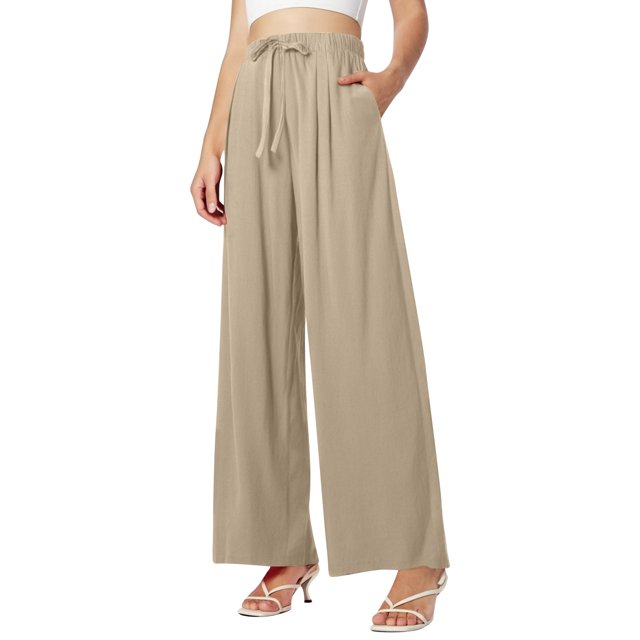 Women's Summer High Waisted Drawstring Linen Wide Leg Beach Pants with Pockets, Comfortable, Casual, Pure Color, Loose Fit for Vacation