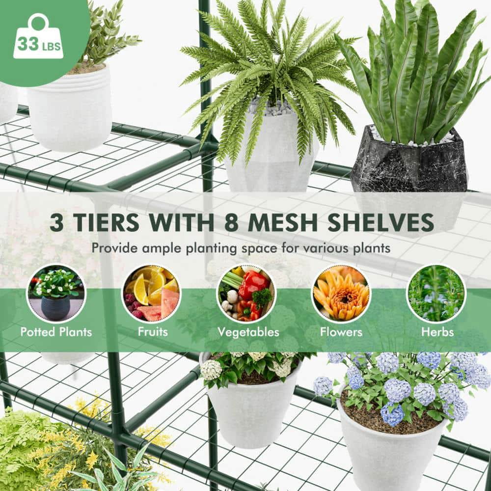 Spaco Walk-in Greenhouse with 3 Tiers 8 Shelves PVC Cover Roll-up Zippered Door, Walk-in Greenhouse for Outdoor, Transparent