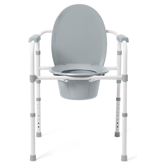3-in-1 Bedside Commode Chair with Elongated Seat – Steel Folding Frame, 7.5 QT Bucket, 350 lb Weight Capacity, Clip-On Toilet Seat, Bathroom Safety Aid for Seniors, Tool-Free Assembly