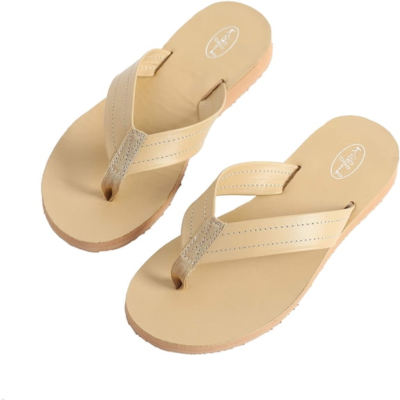 Flip Flops Beach Slides Leather Thongs Comfy Casual Sandals slippers (Women 7-8,Tan)