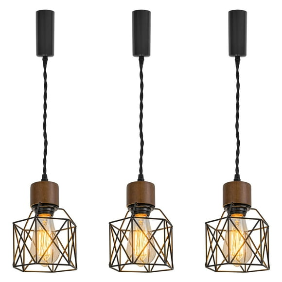 FSLiving Adjustable Height H Type Track Light with E26 Walnut Base and Black Hollow Cage Shade,Decorate Lighting Fixtures for Farmhouse Kitchen Sink (Bulb & Ceiling Track Sold Separately) - 3 Lights