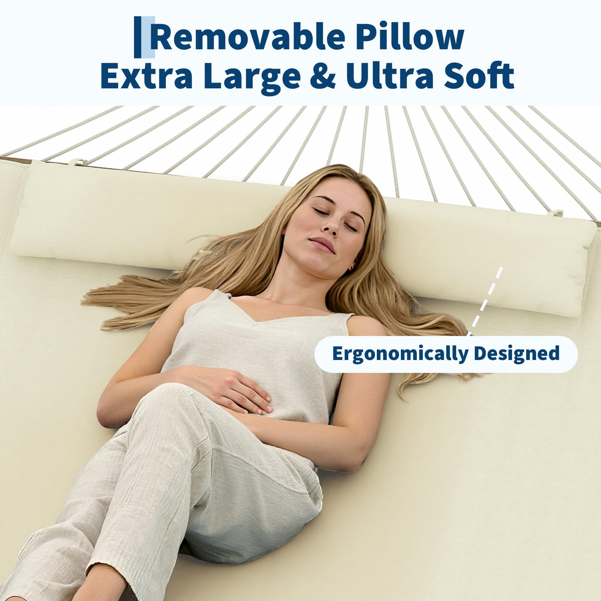 12FT Hammocks for 2 Person Indoor Outdoor, Quilted Fabric Hammock with Spreader Bar, Large Removable Pillow, Storage Pockets, Carabiners, Max 450 Lbs Capacity, Beige