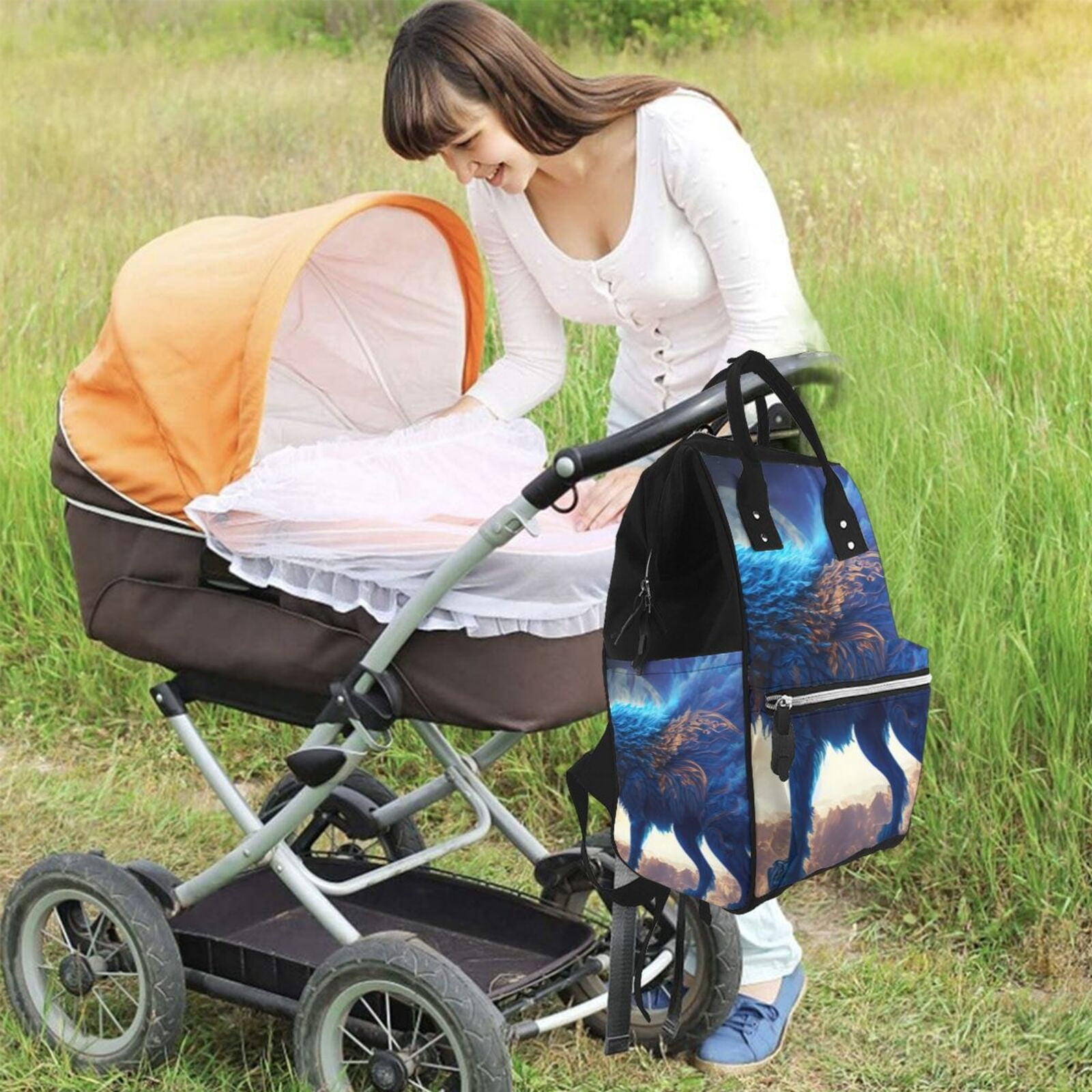 Fuzoiu Moonlit Blue Wolf Print Diaper Bag Backpack,Baby Essentials Travel Tote,Multi function Waterproof Diaper Bag, Travel Essentials Baby Bag - Unisex