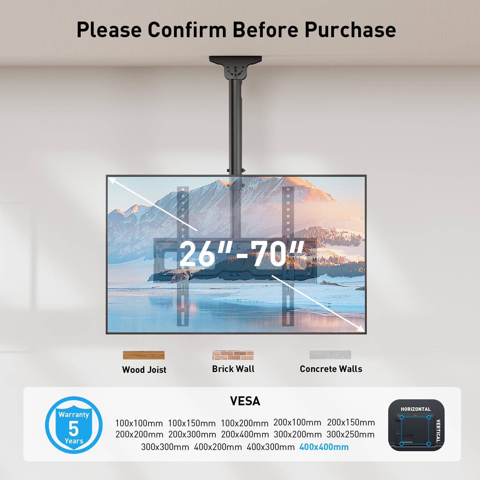 MountFTV Ceiling TV Mount for 26-70 inch TVs ,Holds up to 110lbs, Max 400x400mm, 6 Adjustable Height Setting Full Motion Hanging TV Wall Mount Bracket
