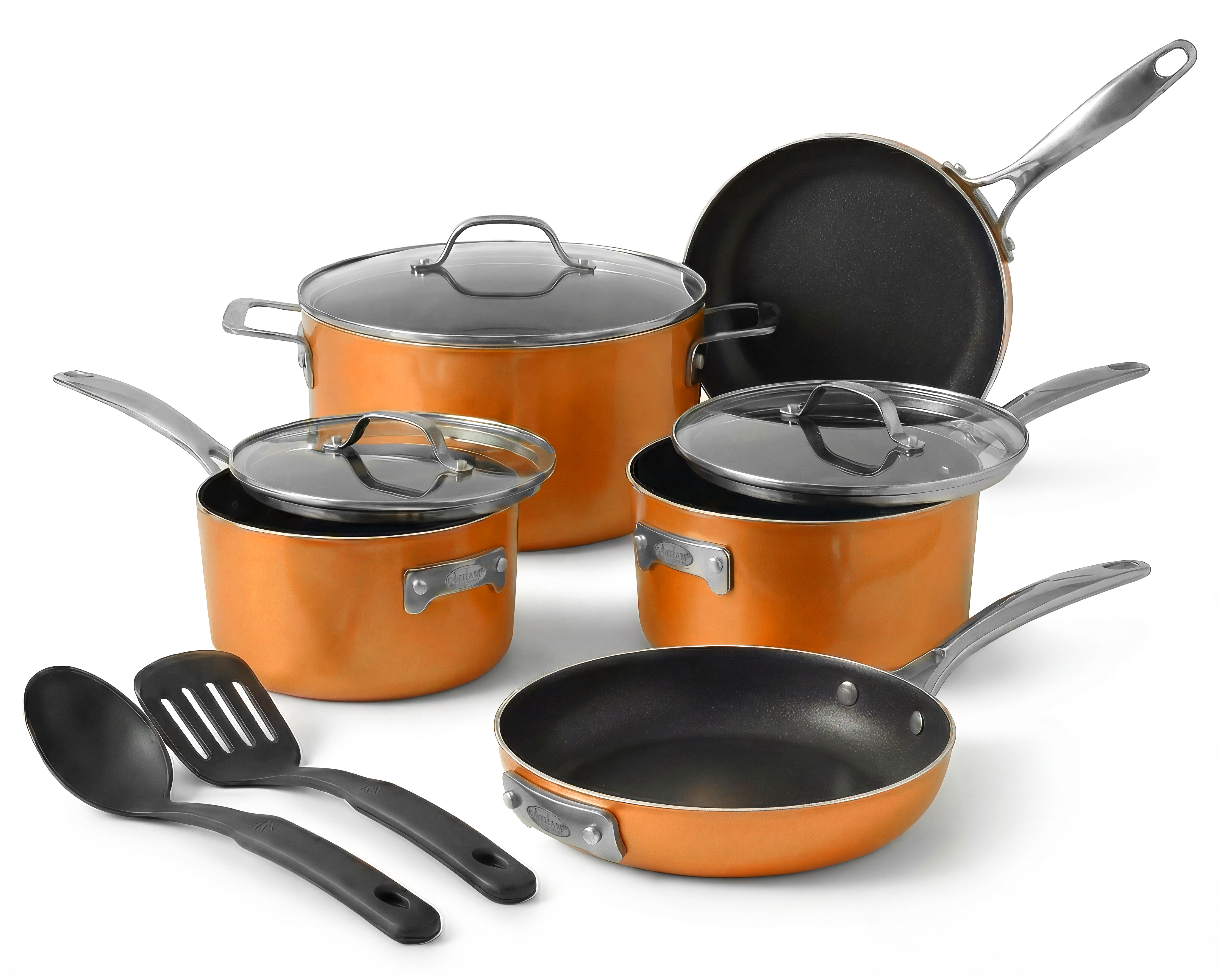 Gotham Steel Stackmaster 10 Pc Pots and Pans Set Non Stick Cookware Set with Kitchen Utensils, Induction Ready, Non Toxic Pot and Pan Set With Space Saving Design, Oven and Dishwasher Safe, Copper
