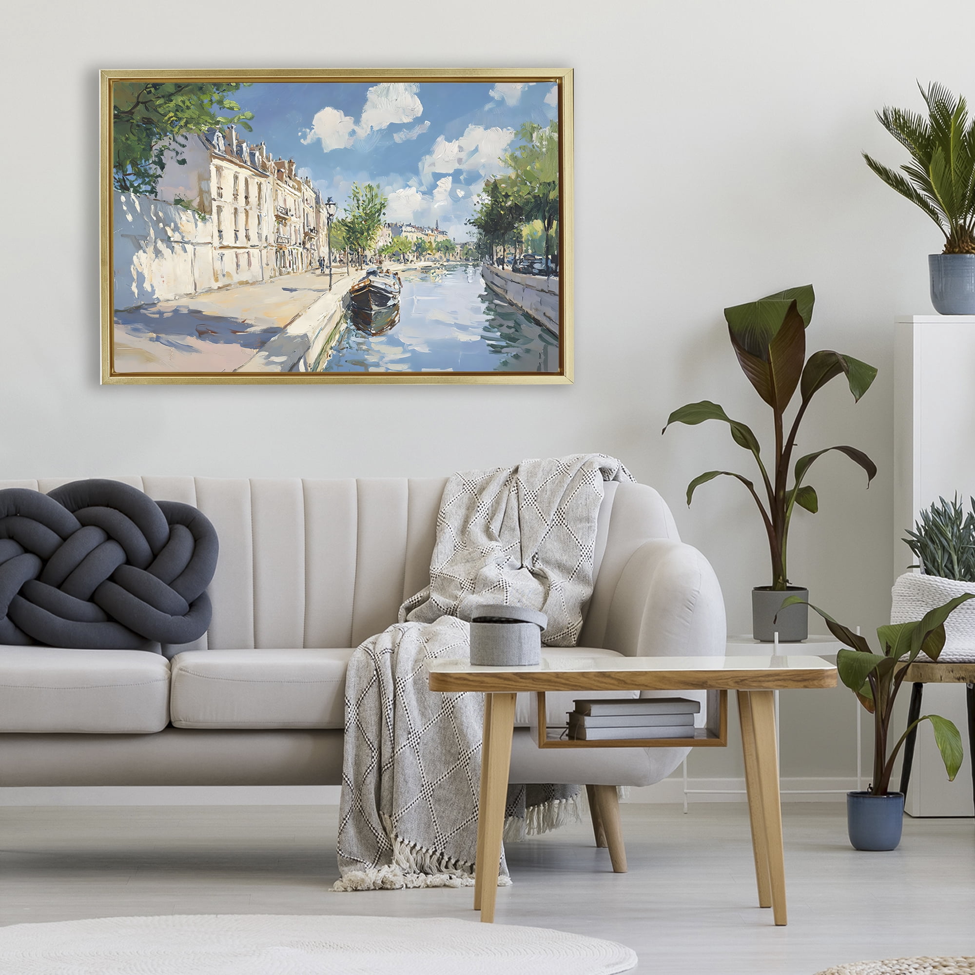 Stupell Industries Boat in Canal Summer Reflection Gold Framed Floater Canvas Wall Art, design by Creative Studio