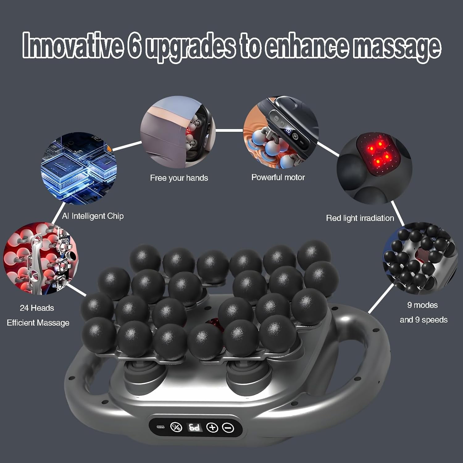 16-Drive 8-Head Massage Gun Set, 24 Head Deep Tissue Percussion Massager, 9 Levels & 9 Modes Hand-Held Quiet Muscle Massage for Back, Shoulders, Legs, Foot - Full Body Muscle Pain Relief,Gray