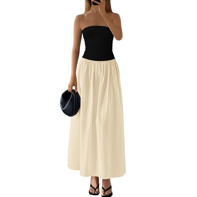 Vestido largo PRETTYGARDEN para mujer, sin tirantes, línea A, negro albaricoque